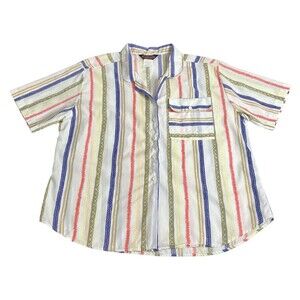 Vintage 80s Turtle Creek Top Women M Retro Memphis Aztec Striped Collared Blouse